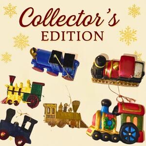 Vintage Train Ornament Set – 6 Piece Mixed Bundle – Wood, Metal & Resin